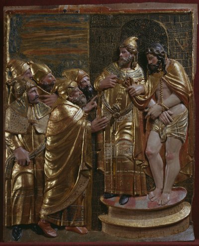 カイアファの前に立つイエス、ルネッサンス期の祭壇画の細部（彩色と金箔が施された木材 作： Spanish School