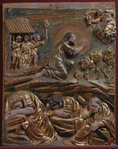 ゲッセマネの園のイエス、ルネッサンス期の祭壇画の細部（彩色と金箔が施された木材 作： Spanish School