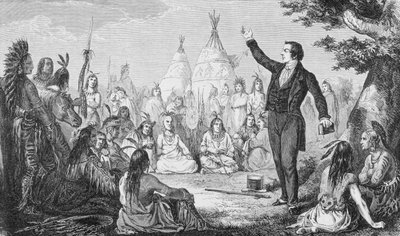 1865年にマドリードで出版された「ラヴエルタアルムンド」からの、インディアンへの説教、モルモン教会の創設者、ジョセフスミス（彫刻） 作： Spanish School