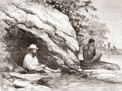 ジュールクレボー、1878年のフランス領ギアナ探検中、オヤポックまたはオイアポケ川のほとりの岩の陰に 作： Spanish School