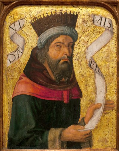 ダビデ王-スペインの無名の巨匠の絵、木に油と金、1500年頃（ダビデ王、スペインの無名の巨匠の絵、パネルに油絵 作： Spanish School