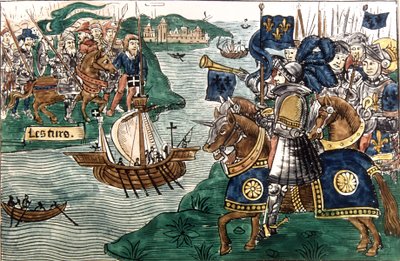 ルイ 9 世 (1214-70) と 1270 年にカルタゴに到着した十字軍 (ベラム) 作： Spanish School