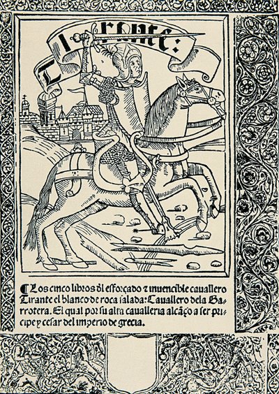 騎乗する騎士、Joanot MARTORELL（1413-1468）のスペイン作品「Tirant lo blan」の扉絵。 作： Spanish School