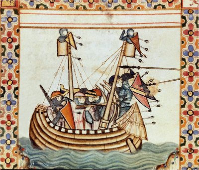 Les croises en route to besieging a Sarrazine fortress 聖マリアの歌（Cantigas de Santa Maria）の手稿からの1ページの詳細 聖マリアとその奇跡に捧げられた細密画を飾るものである。 作： Spanish School