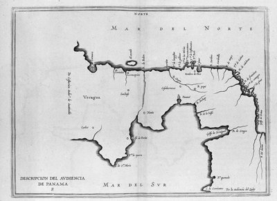 17世紀初頭のスペインの旅の巻に掲載された中米（パナマ）の地図。地図の向きは古代モード（北東から東）で、大西洋は北海、太平洋は南海と呼ばれています。 作： Spanish School