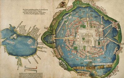 テナンチティトランとメキシコ湾の地図、ヘルナンドコルテス（1485-1547）1524によるPraeclara Ferdinadi Cortesii de Nova maris Oceani Hyspania Narratioから 作： Spanish School