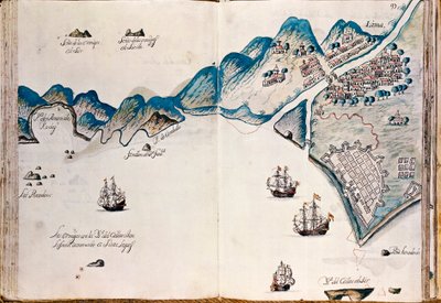 ニュースペインの一部、ペルーの海岸、リマの街の地図、「南海のアメリカの海岸の地図、これからのコンポステーラの街であるスペイン人の最後の人口からの地図」 作： Spanish School