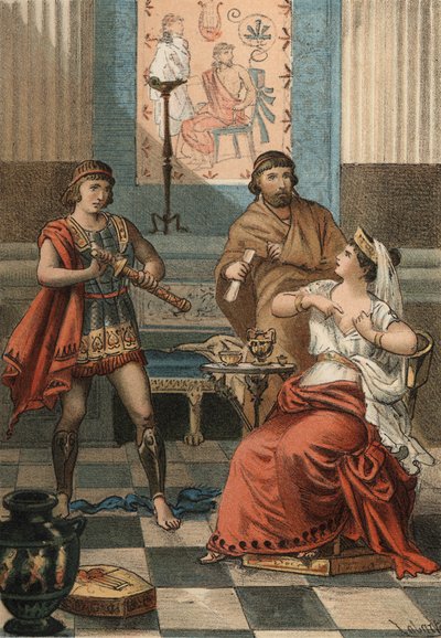 ポントの女王モニメは、夫のミトリデート6世エウパトルの命令により、ローマ人の手に渡らないように殺すことを求めた（紀元前72年）。 フアン・フスト・フグエ著「エル・カルト・デ・ラ・ヘルモスラ」（Molinas Hermanos editores 作： Spanish School