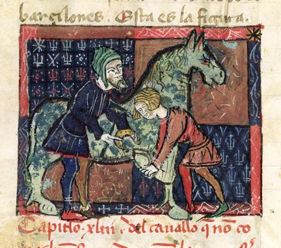 Ms 214 fol.46v Juan Alvarez、1390年頃のLibro de Menescalcia y Albeyteriaの馬のシューイング 作： Spanish School