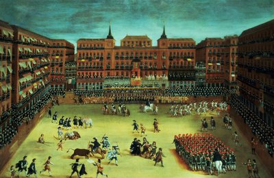 マドリードのマヨール広場のフィエスタのパノラマ 作： Spanish School