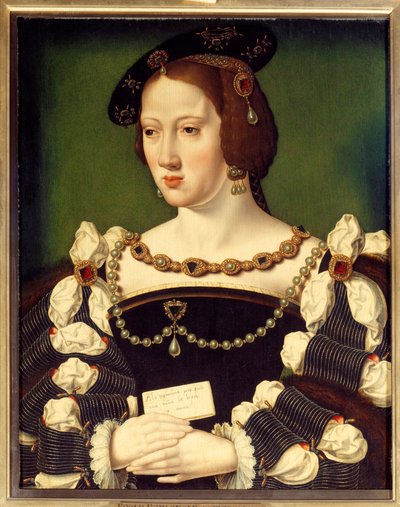 オーストリア大公夫人エレオノーレ・ド・ハプスブルク（1498-1558）の肖像 フランス王フランソワ1世の妻であるフランス王妃 スペイン派の絵画。16世紀シャンティイ、コンデ美術館 作： Spanish School