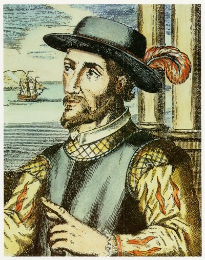 ファン・ポンス・デ・レオンの肖像（1474 – 1521）（手書きの彫刻）。 作： Spanish School