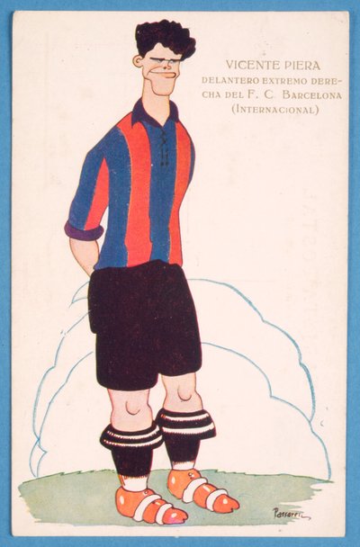 バルセロナのスペイン人サッカー選手ビセンテピエラの風刺画を描いたポストカード 作： Spanish School