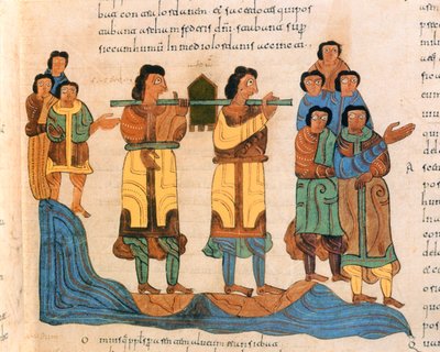 聖職者は聖イシドルの西ゴート時代のモザラビック聖書、紀元前960年、西暦960（ベラムのテンペラ）からヨルダン川を渡って16：6ヨルダン川を渡って契約の箱を運びます 作： Spanish School