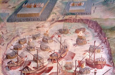 1582年、スペイン王フィリップ2世(1527-1598)のもとで行われたアコーレス諸島遠征の際のスペインのガレオン船のレガッタ。16世紀のフレスコ画。マドリード、エスコリアル宮殿の戦闘の間。 作： Spanish School
