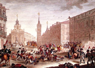 ナポレオン軍に対する暴動、マドリッド、1808年5月（カラー版画） 作： Spanish School