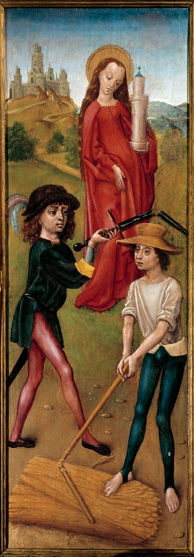 聖バルベと草刈りをする二人の農民 スペイン派の木版画。15世紀パリ、装飾美術 作： Spanish School