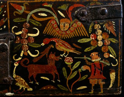 スペインの狩猟者とインディアンのモチーフを描いたシーン、ペイントされた木製トランクの細部、植民地時代、スペイン起源、ボリビア 作： Spanish School