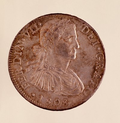 スペインの銀貨（8レアル）：フェルディナンド7世（フェルディナンド）の時代（1808-1833年）。1808年 直径3.9cm ナポリ、ムゼオ・アルケオロギコ 作： Spanish School