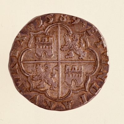 スペインの銀貨（8レアル）：フィリップ（フィリッポまたはフィリップ）2世（1556-1598年）の時代。1589年 直径3.5cm ナポリ、ムゼオ・アルケオロジコ 作： Spanish School