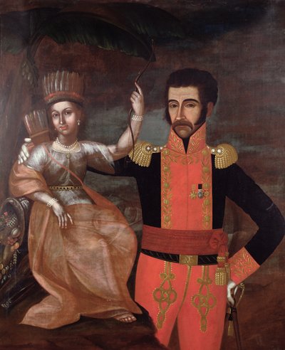 サイモンボリバー（1783-1830）とネイティブアメリカンの女性 作： Spanish School