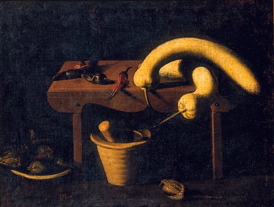 乳鉢と乳棒と死んだ鳥のあるベンチにピーマンとカボチャのある静物、1620年頃（キャンバスに油彩） 作： Spanish School