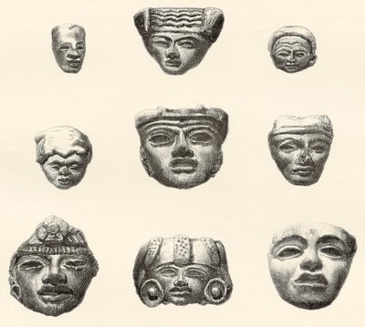 18801883年の遠征中にデシレシャルネがメキシコのテオティワカンで発見した石の頭と仮面 作： Spanish School