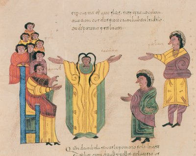 スザンナと長老、聖イシドルの西ゴート族モザラビック聖書、fol.324v。、AD 960（ヴェラムのテンペラ） 作： Spanish School