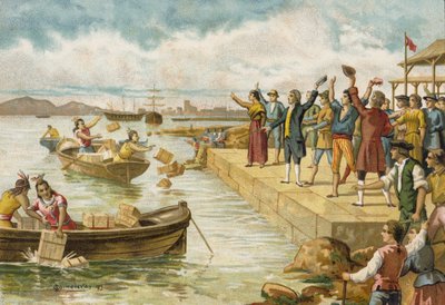 ボストンティーパーティー、1773年 作： Spanish School