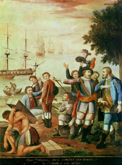 メキシコの征服: ディエゴ・ベラスケス・デ・クエヤル (1465-1524) はエルナンド・コルテス (1485-1547) を無敵艦隊の将軍として選び、彼に指揮を執る (キャンバスに油彩) 作： Spanish School