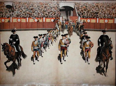 トレアドールとそのクアドリラのアリーナへの入場、1885年頃（カラーリトグラフ） 作： Spanish School