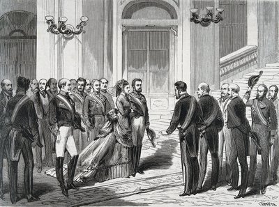 1871年3月19日、マドリッドの王宮に到着したスペイン国王アメデイー1世（Amedeo Ferdinando Maria di Savoia）（1845-1890）と妻のメアリー・ヴィクトリー（Victory dal Pozzo della Cisterna）（1847-1876）の肖像画。La Ilustracion Espanola y America」からのエングレーヴィング。 作： Spanish School