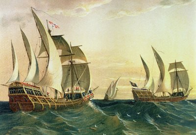 1492 年に西インド諸島に向かって航海する「ピンタ号」、「ニーナ号」、「サンタ マリア号」、「アメリカの発見」より 作： Spanish School