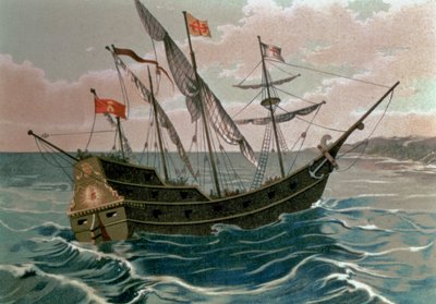 1492年に新世界の海岸に近づくサンタマリア、「アメリカの発見」、パブ. バルセロナ 作： Spanish School