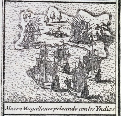 インディアンとの戦いでのマゼランの死 作： Spanish School
