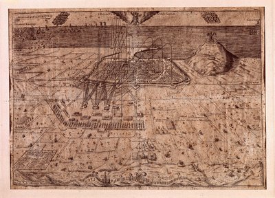 スペインのフィリップ4世（1605年〜1665年）の軍隊が海と陸を使ってバルセロナを本拠地とした、カタルーニャ地方の引き上げ、または刈り取り人の戦争（1640年〜1659年）。1652年のエングレーヴィング。バルセロナ市歴史博物館。 作： Spanish School