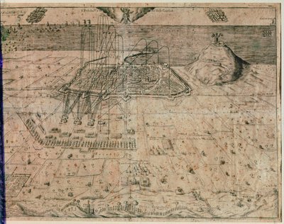1640 年から 1652 年の死神の戦争中のフェリペ 4 世の軍隊によるバルセロナ市の包囲 (彫刻) 作： Spanish School