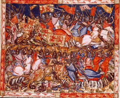 トロイア戦争：ヘクトルの活躍。スペインの写本 "Codex Benito de Santa Mora "の細密画のディテール 作： Spanish School