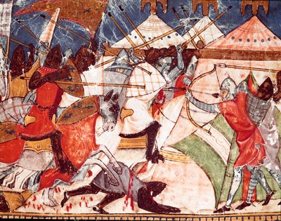 トロイア戦争：トロイア人がギリシャ人戦士の軍営に侵入する。スペインの写本 "Codex Benito de Santa Mora "の細密画の詳細 作： Spanish School