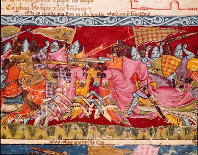 トロイア戦争：ギリシャ人とトロイア人の戦い。スペインの写本 "Codex Benito de Santa Mora "の細密画のディテール 作： Spanish School
