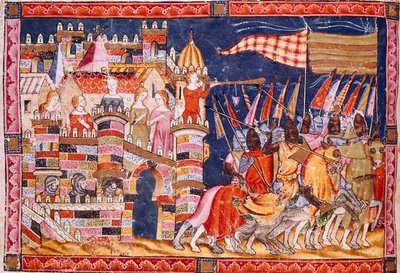 トロイ戦争：戦いに出発するトロイの街とトロイの軍勢。スペインの写本 "Codex Benito de Santa Mora "の細密画のディテール 作： Spanish School