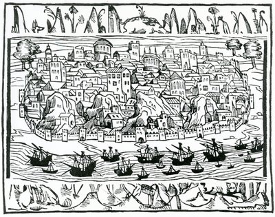 1548年のペドロメディナによる、リブロデグランデサスイコサスメモラルダーデエスパーニャからのリスボンの眺め 作： Spanish School