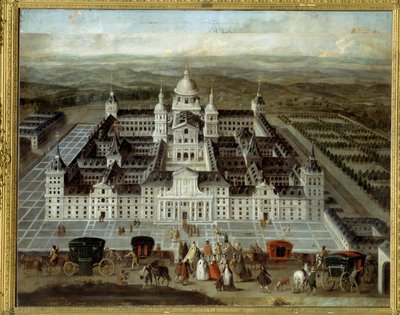 16世紀にフィリップ2世が建設したスペインのエスコリアル宮殿の眺め。17世紀の匿名のスペイン絵画。キャンバスに油彩。寸法：1,89 x 2,41m。 作： Spanish School