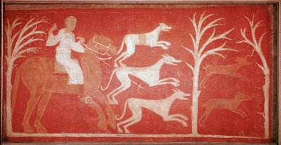 犬が獲物を追いかけている様子を描いた狩猟シーン。1150.ソリアのバウデリオ・デ・ベルランガの庵のフレスコ画。プラド美術館に保存されている。 作： Spanish School