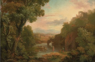 漁師と洗濯女がいる古典的な風景、丘の上の別荘とその向こうの山々 作： ジョージ・バレット卿