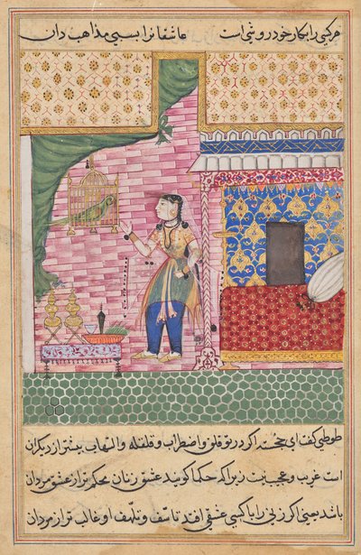 オウムは、トゥティーナマ (オウムの物語) から、17 番目の夜の初めに Khujasta に話しかけます。 作： Sravana