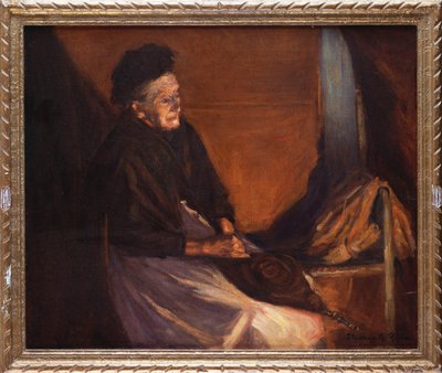 火のそばのベローズを持つ老婆（キャンバスに油彩） 作： Stanhope Alexander Forbes