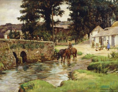 村の小川で馬に水をやる 作： Stanhope Alexander Forbes