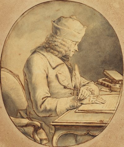 キャップをかぶった机に座ったヴォルテール、左横、1765年頃 作： Stanislas Jean