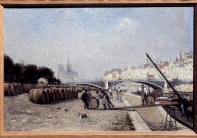 サリー橋のセーヌ川、ワインポート、サンベルナール埠頭。スタニスラス・ルピーヌ（1835-1892）による絵画。1882-1885.ディム。0.15 x 0.23.個人蔵 作： Stanislas Victor Edouard Lepine